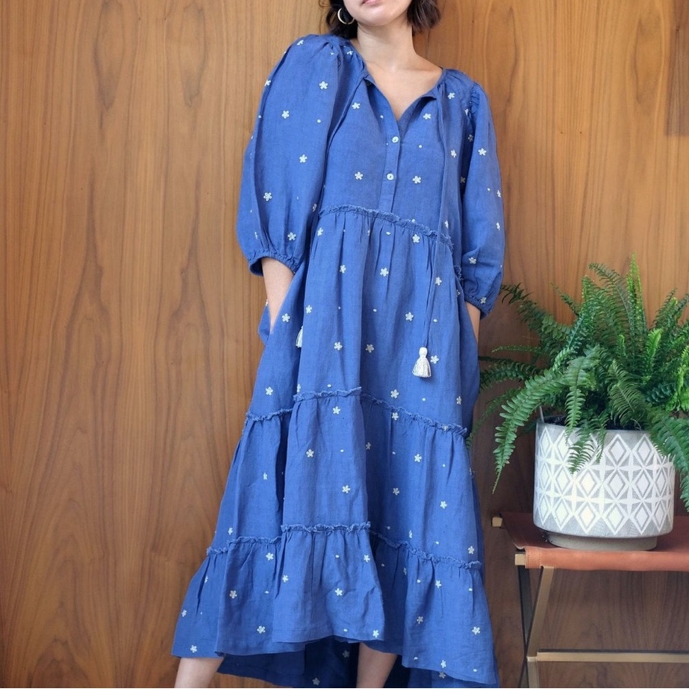 Harper Sage Secret Garden Dress puff Sleeves daisy & polka dot blue Midi dress - Picture 8 of 9